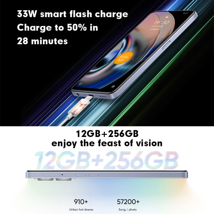 雙鏡頭後置，側邊指紋辨識，5000mAh 電池，6.58 吋 Realme UI 3.0 / Android 12 聯發科天璣 810 八核心最高 2.4GHz，網路：5G，支援 Google Play，12GB+256GB