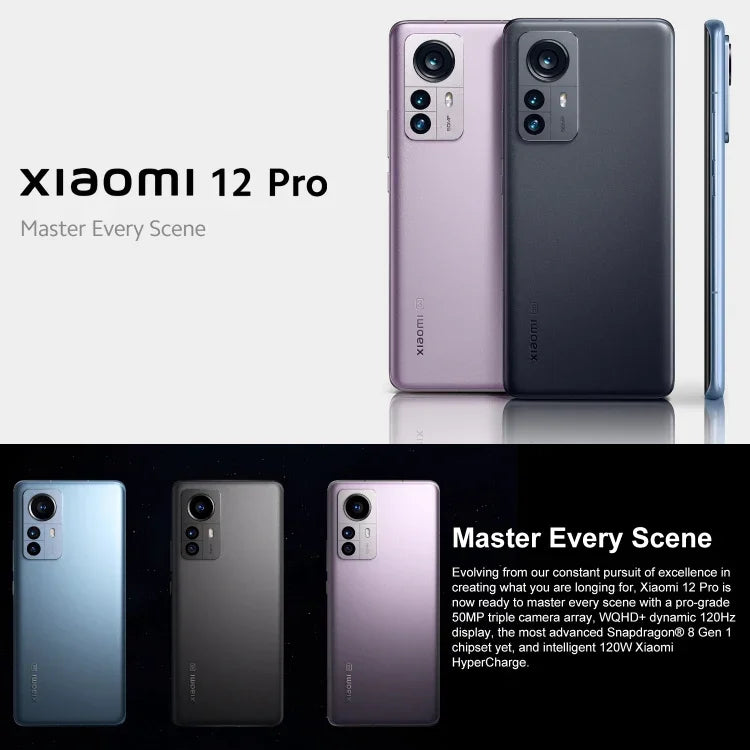 三鏡頭後置，臉部辨識與螢幕指紋辨識，4600mAh 電池，6.73 吋 MIUI 13 / Android 12，高通驍龍 8 Gen 1 八核心，最高 3.0GHz，網路：5G，NFC，小米 12 Pro 全球歐洲版