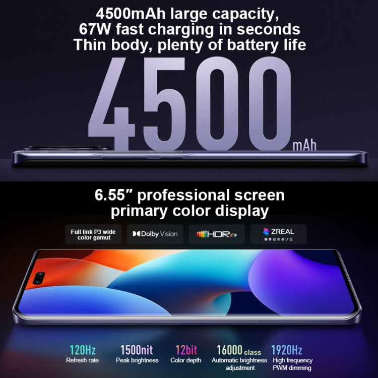三後置鏡頭 + 雙前置鏡頭，螢幕指紋識別，4500mAh 電池，6.55 吋 MIUI 14 Dimensity 8200-Ultra 八核心 4nm 最高 3.1GHz，網絡：5G，NFC，16GB+1TB