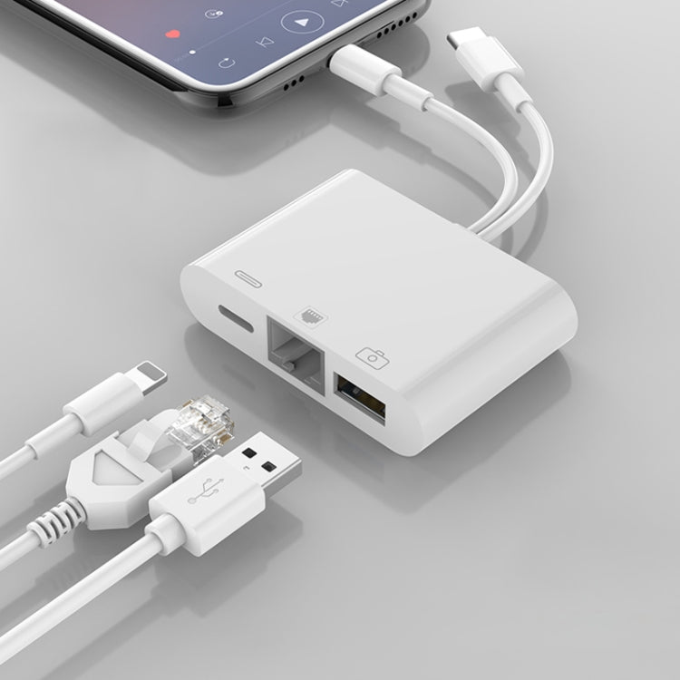 NK-107 Pro 三合一 USB-C / Type-C + 8 Pin 公頭轉 USB + RJ45 + 8 Pin 充電母頭介面轉接器，NK-107 Pro
