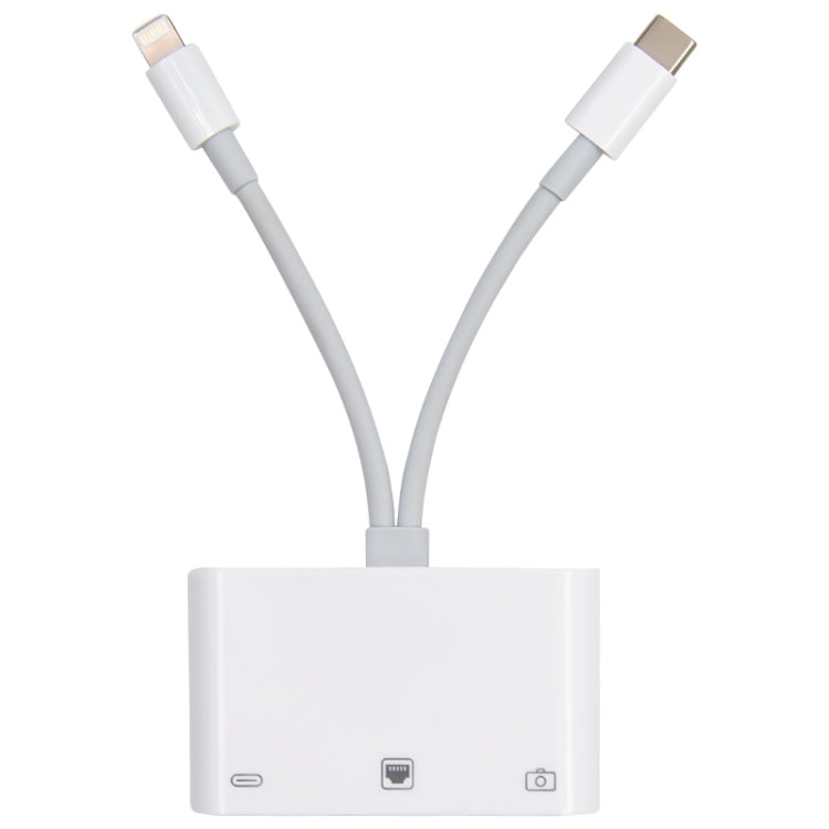 NK-107 Pro 三合一 USB-C / Type-C + 8 Pin 公頭轉 USB + RJ45 + 8 Pin 充電母頭介面轉接器，NK-107 Pro