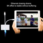 NK-107 Pro 三合一 USB-C / Type-C + 8 Pin 公頭轉 USB + RJ45 + 8 Pin 充電母頭介面轉接器，NK-107 Pro