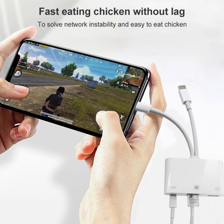 NK-107 Pro 三合一 USB-C / Type-C + 8 Pin 公頭轉 USB + RJ45 + 8 Pin 充電母頭介面轉接器，NK-107 Pro