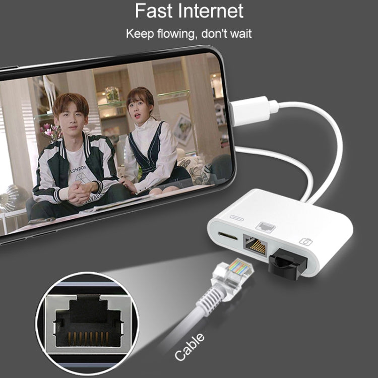 NK-107 Pro 三合一 USB-C / Type-C + 8 Pin 公頭轉 USB + RJ45 + 8 Pin 充電母頭介面轉接器，NK-107 Pro
