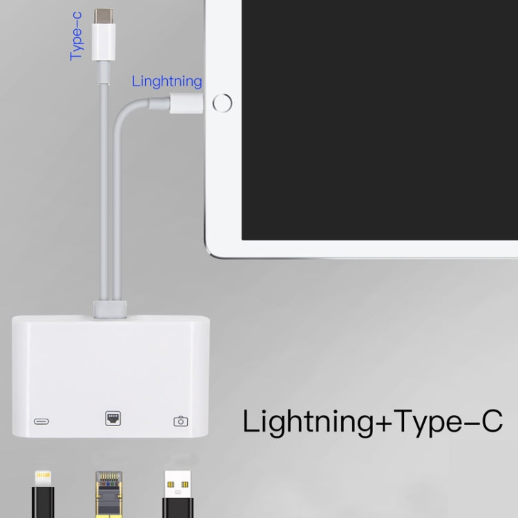 NK-107 Pro 三合一 USB-C / Type-C + 8 Pin 公頭轉 USB + RJ45 + 8 Pin 充電母頭介面轉接器，NK-107 Pro