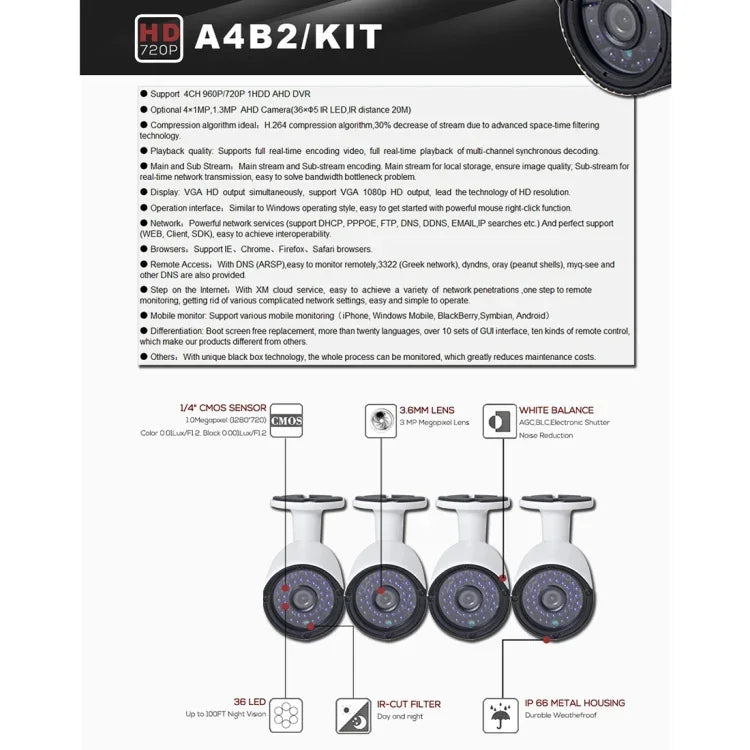 A4B2 4 路子彈型 IP 攝影機 NVR 套件，支援夜視 / 動態偵測，紅外線距離：20 米，A4B2/套件 720P，A4B2/套件 1080P，A4B2/套件 960P