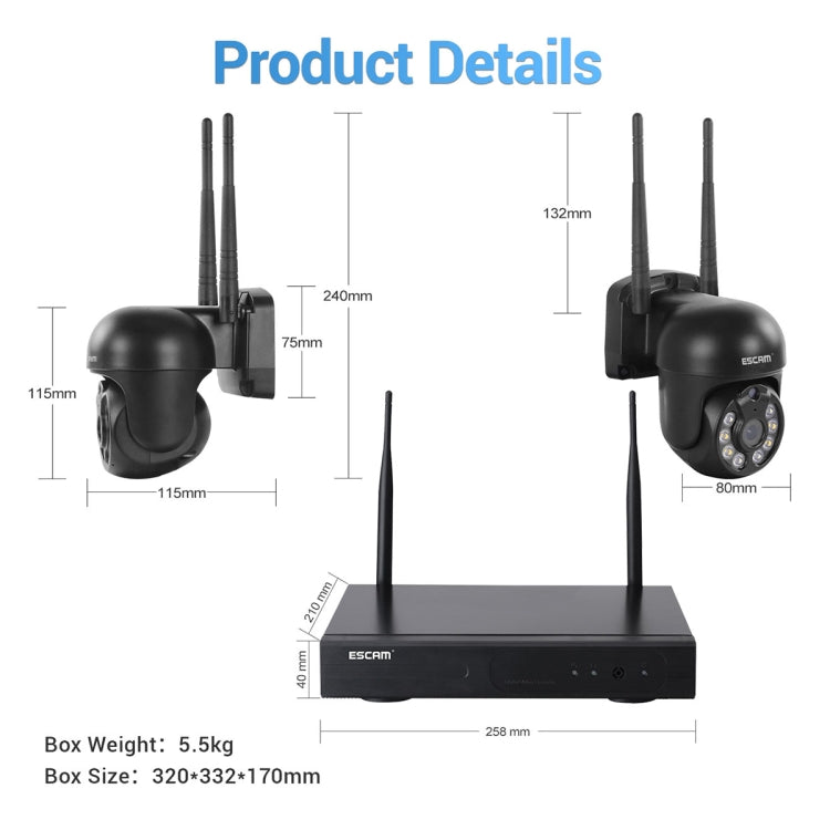 ESCAM WNK618 300萬畫素 8頻道無線半球攝影機 HD NVR 安全系統，支援動態偵測、雙向語音、全彩夜視及 TF 卡，歐規插頭，WNK618