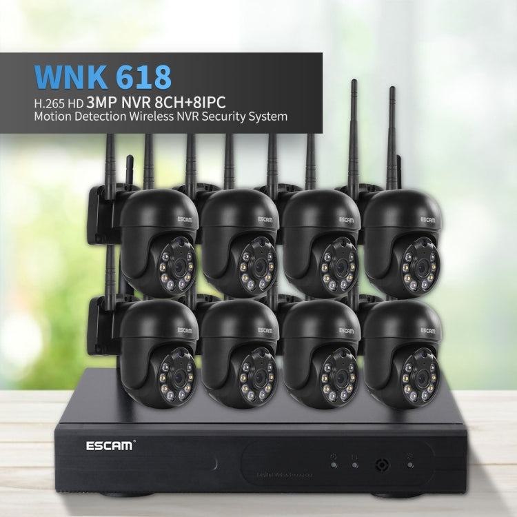 ESCAM WNK618 300萬畫素 8頻道無線半球攝影機 HD NVR 安全系統，支援動態偵測、雙向語音、全彩夜視及 TF 卡，歐規插頭，WNK618