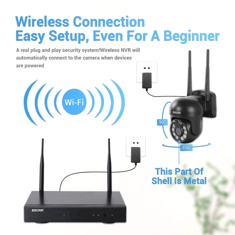 ESCAM WNK618 300萬畫素 8頻道無線半球攝影機 HD NVR 安全系統，支援動態偵測、雙向語音、全彩夜視及 TF 卡，歐規插頭，WNK618