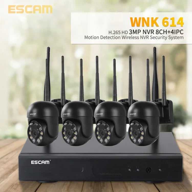 ESCAM WNK614 高清 300 萬像素 8 通道無線 + 4IPC 無線 NVR 安全系統，澳規插頭，WNK614