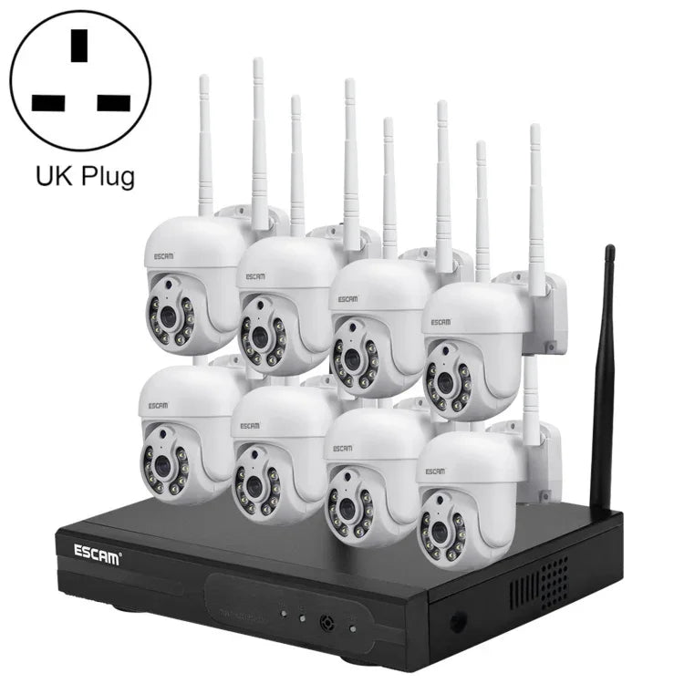 ESCAM WNK718 高清 300 萬像素 8 通道無線 + 8IPC 無線 NVR 安全系統，英規插頭，WNK718