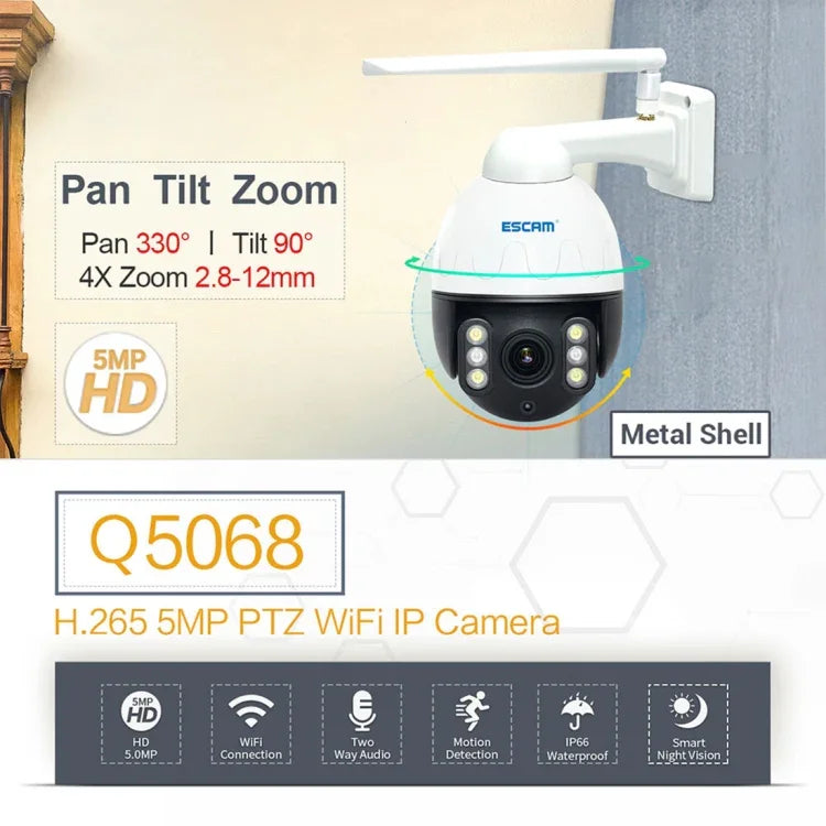 ESCAM Q5068 H.265 5MP 旋轉/傾斜/4倍變焦 WiFi 防水網路攝影機，支援 ONVIF 雙向通話及夜視，澳洲插頭、英國插頭、美國插頭、歐洲插頭、澳洲插頭