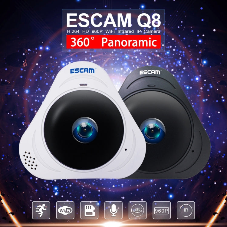 ESCAM Q8 960P 360 度魚眼鏡頭 1.3MP 無線網路 IP 攝影機，支援動態偵測／夜視，紅外線距離：5-10米，澳洲插頭，Q8 美國插頭，Q8 澳洲插頭，Q8 歐洲插頭，Q8 英國插頭
