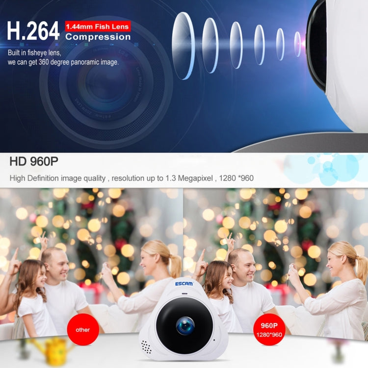 ESCAM Q8 960P 360 度魚眼鏡頭 1.3MP 無線網路 IP 攝影機，支援動態偵測／夜視，紅外線距離：5-10米，澳洲插頭，Q8 美國插頭，Q8 澳洲插頭，Q8 歐洲插頭，Q8 英國插頭