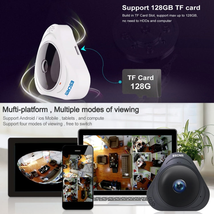 ESCAM Q8 960P 360 度魚眼鏡頭 1.3MP 無線網路 IP 攝影機，支援動態偵測／夜視，紅外線距離：5-10米，澳洲插頭，Q8 美國插頭，Q8 澳洲插頭，Q8 歐洲插頭，Q8 英國插頭