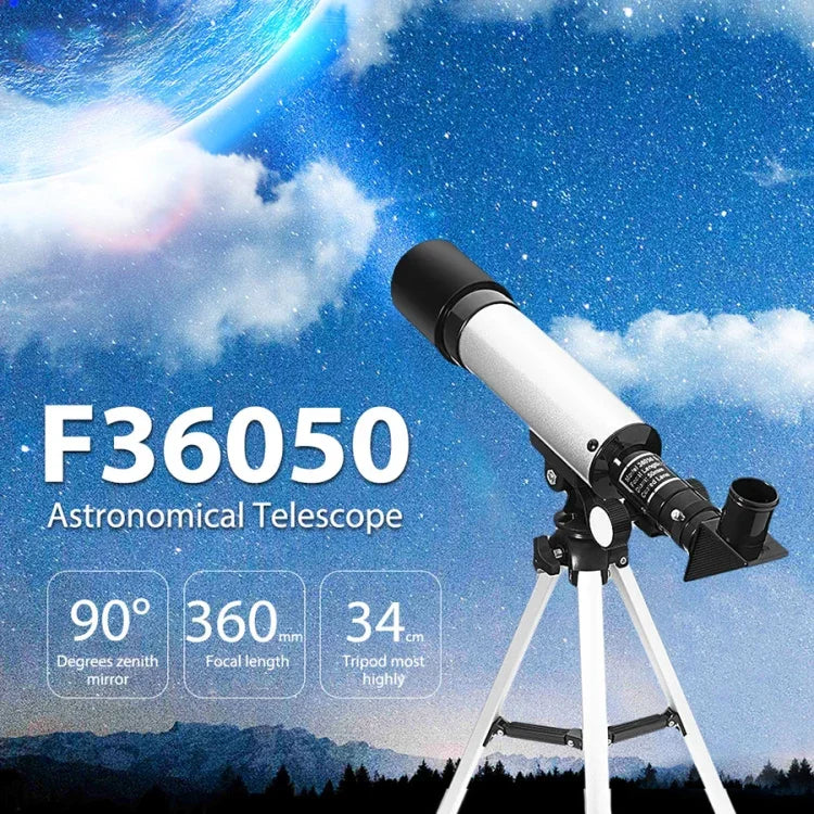 F36050 便攜專業高清高倍空間天文望遠鏡觀測鏡附鋁合金三腳架（銀色），F36050