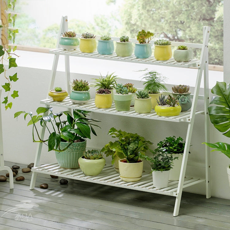竹製三層懸掛植物架 花盆收納架 折疊展示架 植物架，寬度：100cm，三層寬度：100cm（白色），三層寬度：100cm（杏色）
