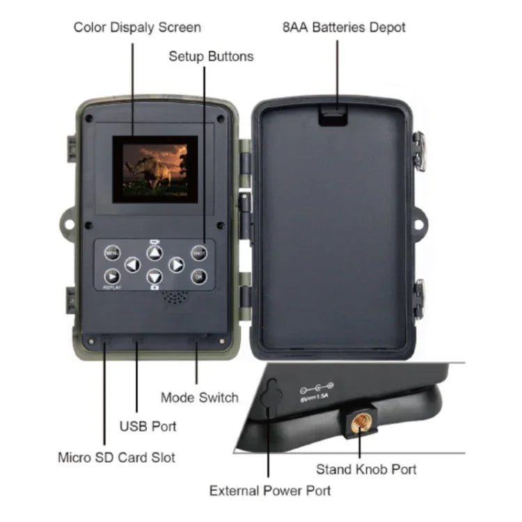 HC801A 8MP 防水IP65紅外夜視安全狩獵追蹤相機，Novatek 96650 程式，120度廣角，110度PIR感應角度，HC801A