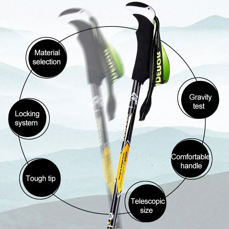 KODENOR 戶外登山便攜折疊碳纖維直柄登山杖，長度：63-135CM，長度：63-135CM（黑綠），長度：63-135CM（黑藍），長度：63-135CM（黑黃）