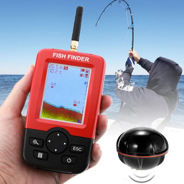 XJ-01 無線魚探器 125KHz 聲納感測器 0.6-36米深度定位器 魚類探測器，配備 2.4 吋 LCD 螢幕與天線，內建水溫感測器，XJ-01