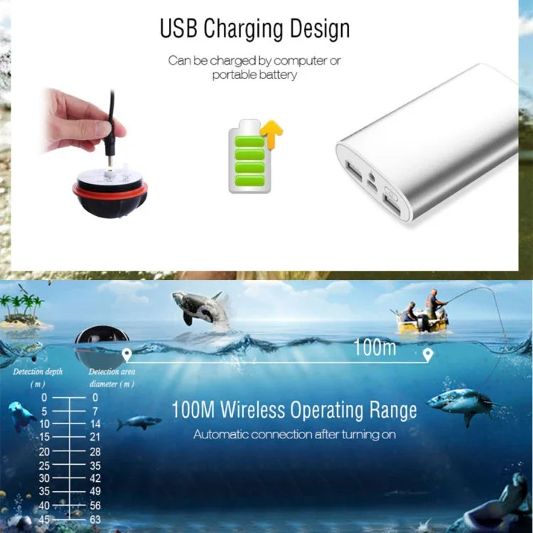 XJ-01 無線魚探器 125KHz 聲納感測器 0.6-36米深度定位器 魚類探測器，配備 2.4 吋 LCD 螢幕與天線，內建水溫感測器，XJ-01