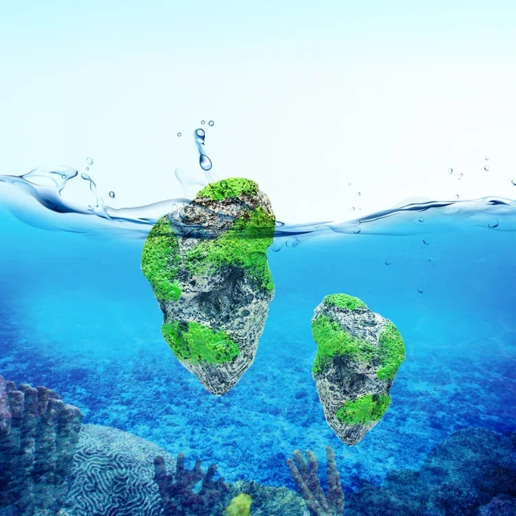 水族箱裝飾漂浮浮石懸浮石人工魚缸水族苔蘚飛石水生裝飾景觀，中號尺寸：8.7 x 14.3cm，漂浮石中號尺寸：8.7 x 14.3cm