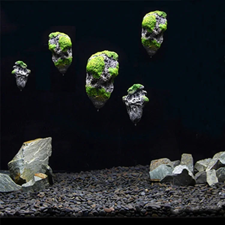 水族箱裝飾漂浮浮石懸浮石人工魚缸水族苔蘚飛石水生裝飾景觀，中號尺寸：8.7 x 14.3cm，漂浮石中號尺寸：8.7 x 14.3cm