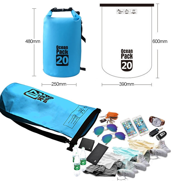 戶外防水雙肩包乾燥袋PVC桶包，容量：20L，容量：20L（天空藍），容量：20L（黃色），容量：20L（黑色），容量：20L（深藍色），容量：20L（橙色），容量：20L（粉紅色），容量：20L（綠色）
