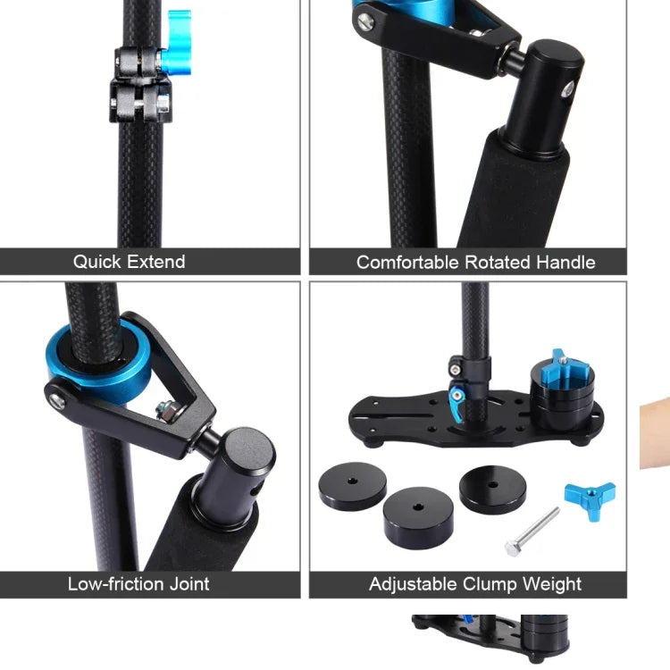 PULUZ 38.5-61cm碳纖維手持穩定器，適用DSLR及數位攝影機，承重範圍：0.5-3公斤，P60T藍色，P60T紅色
