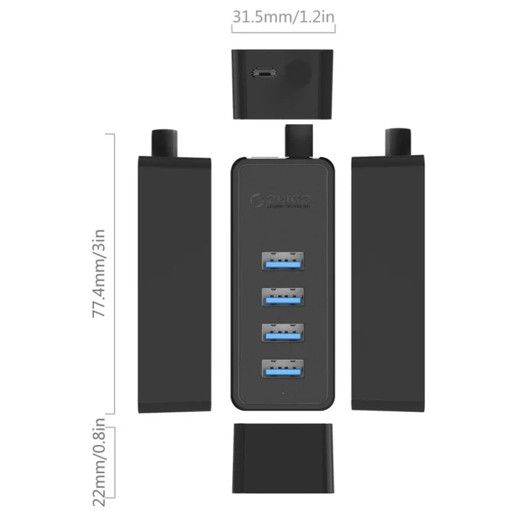 ORICO W5P-U3-30 4 埠 USB 3.0 桌面集線器，附 30 公分 Micro USB 電源線，W5P-U3-30 黑色