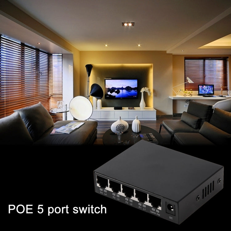 5埠10/100Mbps POE交換機 IEEE802.3af 以太網供電網路交換機 適用於IP攝像機 VoIP電話 AP設備，5埠黑色