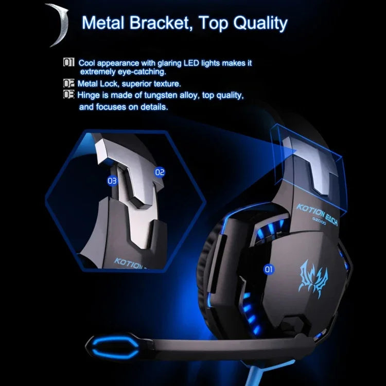 KOTION EACH G2000 耳罩式遊戲耳機，帶麥克風立體聲重低音LED燈，適用於PC玩家，線長約2.2m（白色+紅色），G2000