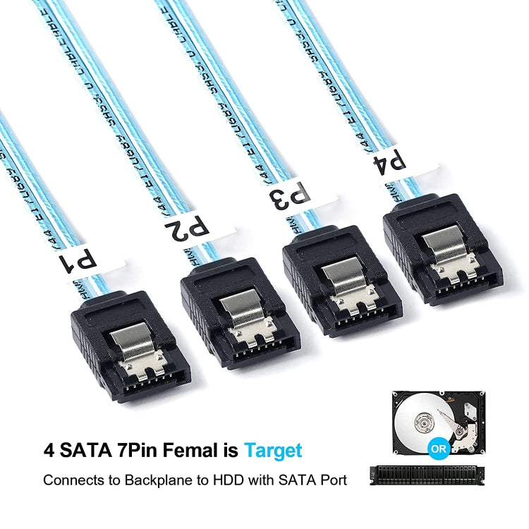 Mini SAS (SFF-8087) 轉 4 個 SATA 7 針母頭正向分接 6Gbps 數據線，長度：50cm，SFF-8087（長度：50cm）