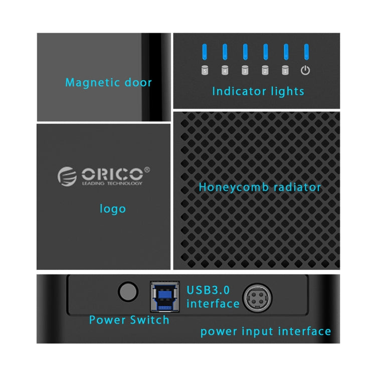 ORICO DS500U3 3.5 吋 5 硬碟槽磁吸式 USB 3.0 硬碟外接盒，藍色 LED 指示燈，USB 3.0