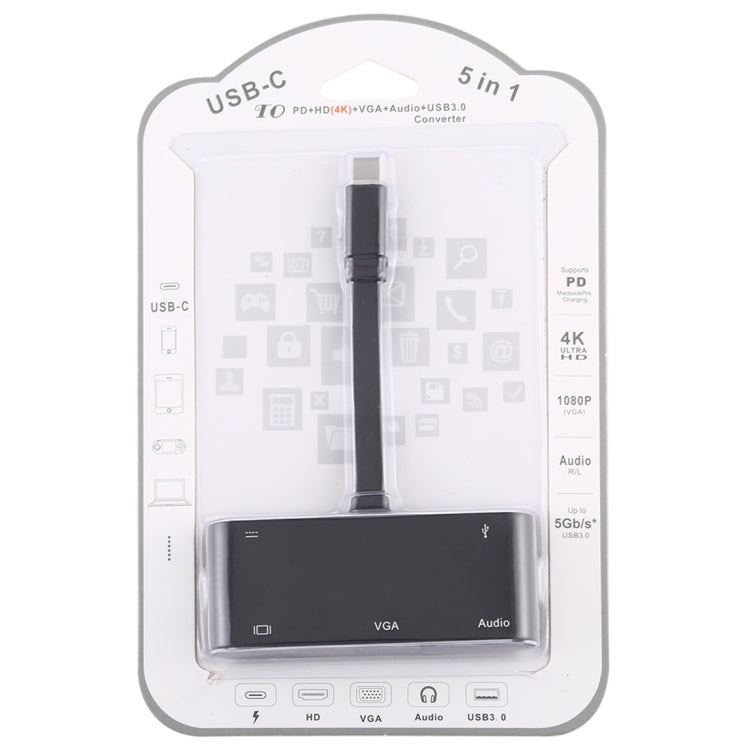 V126 USB-C / Type-C 公頭轉 PD + HDMI + VGA + 音頻 + USB 3.0 母頭五合一轉換器，五合一