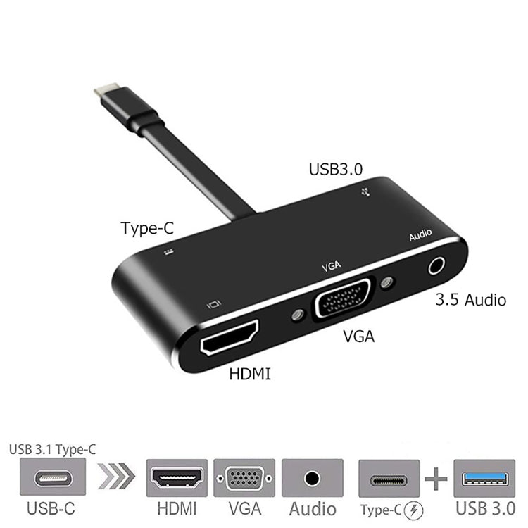 V126 USB-C / Type-C 公頭轉 PD + HDMI + VGA + 音頻 + USB 3.0 母頭五合一轉換器，五合一