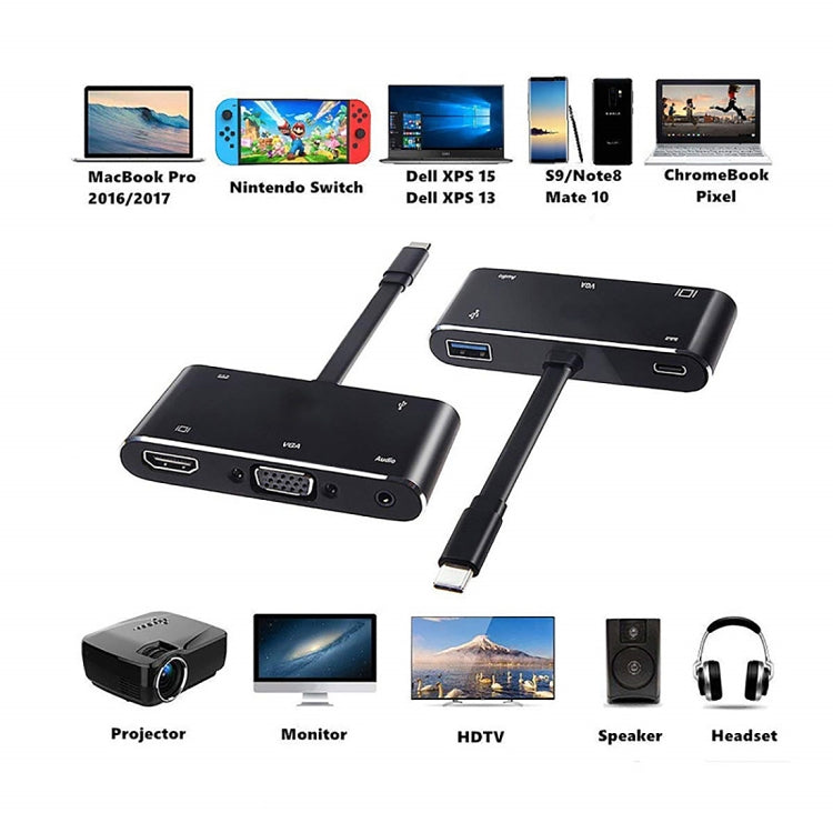 V126 USB-C / Type-C 公頭轉 PD + HDMI + VGA + 音頻 + USB 3.0 母頭五合一轉換器，五合一