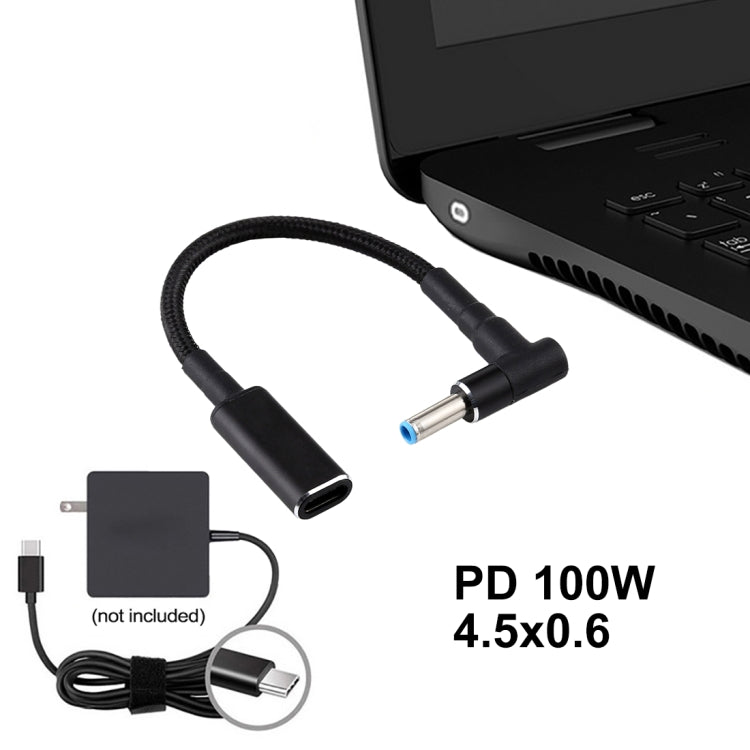 PD 100W 18.5-20V 4.5 x 0.6mm 彎頭轉 USB-C / Type-C 轉接頭 尼龍編織線，適用於 HP，4.5 x 0.6mm