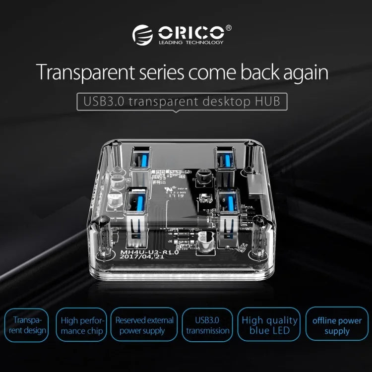 ORICO MH4U-100 USB 3.0 透明桌面集線器，附 100 公分 Micro USB 線，MH4U-100
