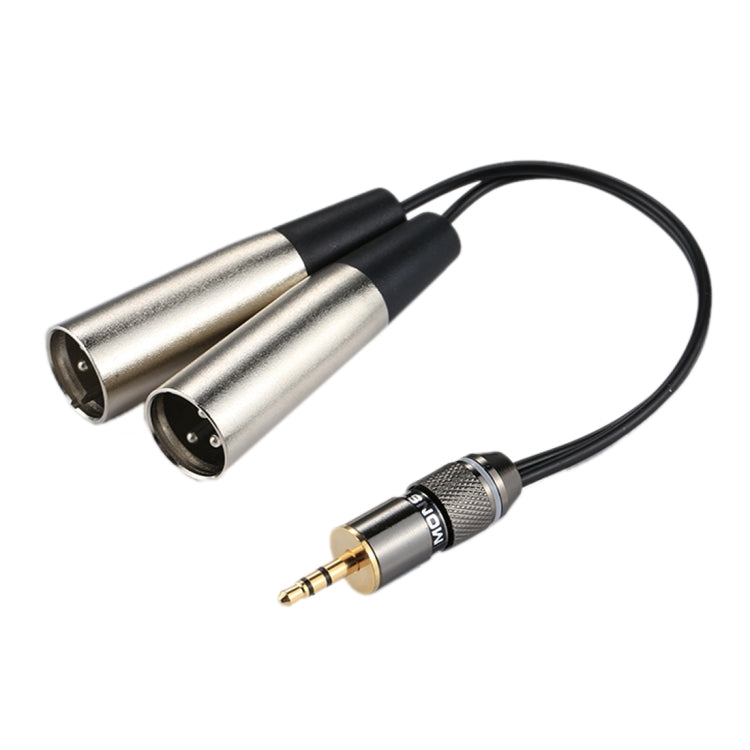 金屬頭3.5mm公頭至鋁殼2 x 3針XLR CANNON公頭音頻連接器轉接線，總長約25cm，2 x 3針公頭