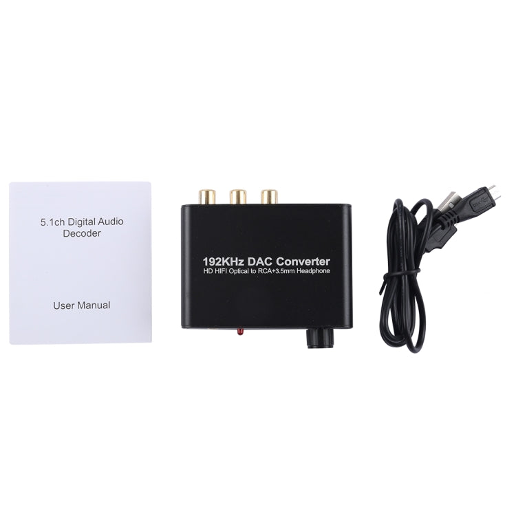 192KHz DAC 轉換器 HD HIFI 光纖轉 RCA+3.5mm 耳機 5.1 聲道數位音訊轉換器，附音量控制，192KHz DAC