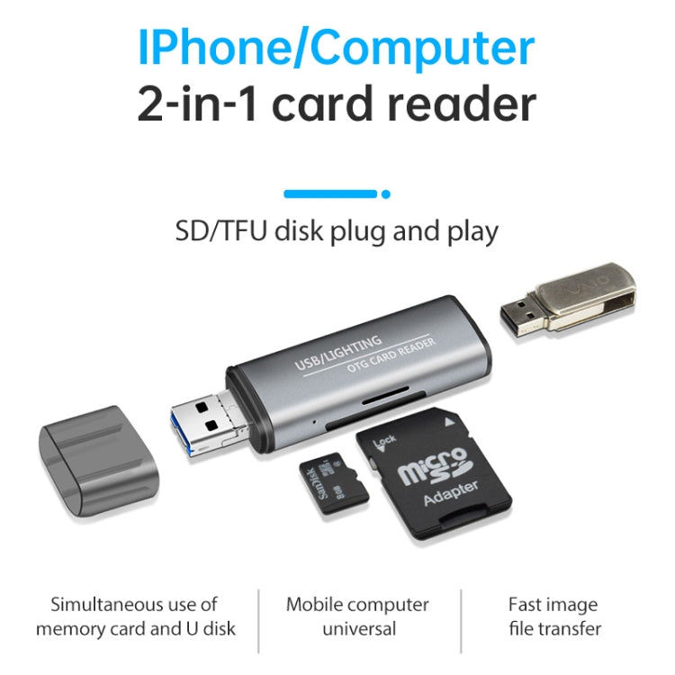 118 2 合 1 USB + 8 Pin 介面 USB 隨身碟 / 記憶卡 OTG 讀卡器，適用 IOS 系統手機 / 電腦