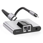 NK-1056Pro 3 合 1 8 Pin + USB-C / Type-C 公頭轉 8 Pin 充電 + 乙太網路 + 3.5mm 耳機母頭轉接器，NK-1056Pro