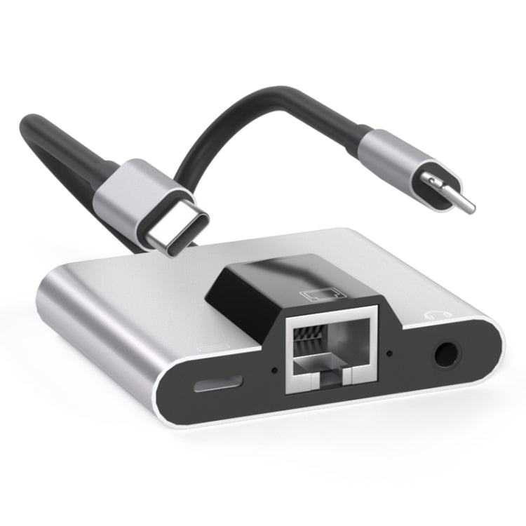 NK-1056Pro 3 合 1 8 Pin + USB-C / Type-C 公頭轉 8 Pin 充電 + 乙太網路 + 3.5mm 耳機母頭轉接器，NK-1056Pro