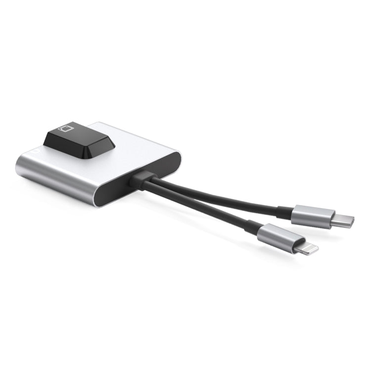 NK-1056Pro 3 合 1 8 Pin + USB-C / Type-C 公頭轉 8 Pin 充電 + 乙太網路 + 3.5mm 耳機母頭轉接器，NK-1056Pro