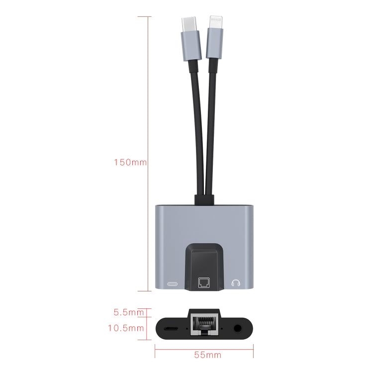 NK-1056Pro 3 合 1 8 Pin + USB-C / Type-C 公頭轉 8 Pin 充電 + 乙太網路 + 3.5mm 耳機母頭轉接器，NK-1056Pro