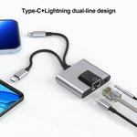 NK-1056Pro 3 合 1 8 Pin + USB-C / Type-C 公頭轉 8 Pin 充電 + 乙太網路 + 3.5mm 耳機母頭轉接器，NK-1056Pro
