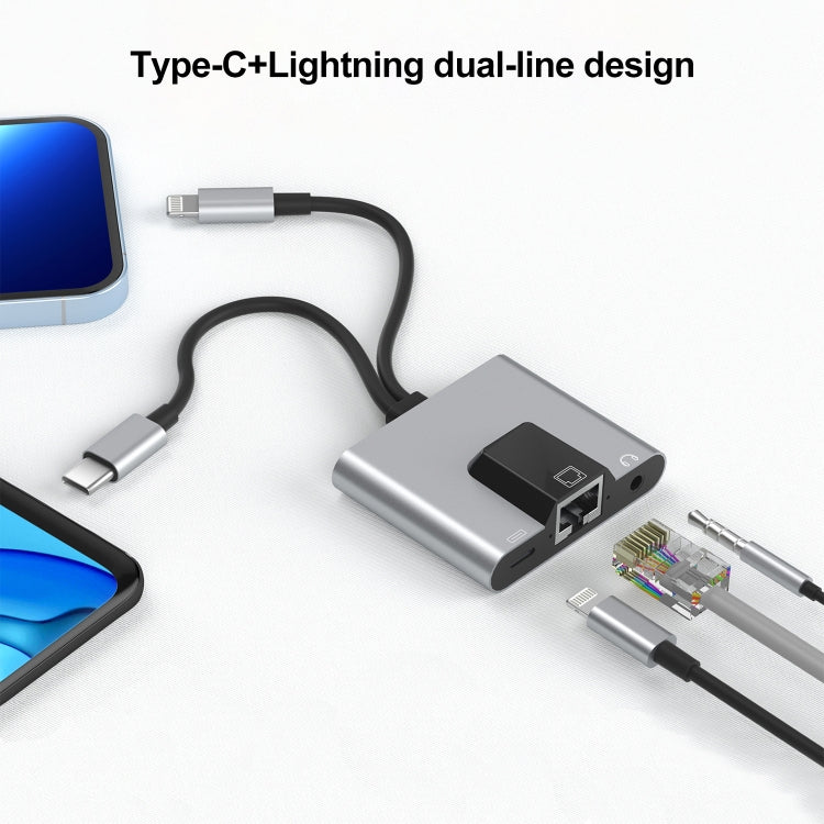NK-1056Pro 3 合 1 8 Pin + USB-C / Type-C 公頭轉 8 Pin 充電 + 乙太網路 + 3.5mm 耳機母頭轉接器，NK-1056Pro