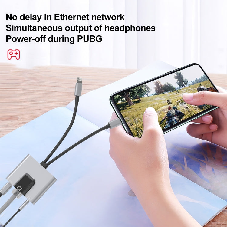 NK-1056Pro 3 合 1 8 Pin + USB-C / Type-C 公頭轉 8 Pin 充電 + 乙太網路 + 3.5mm 耳機母頭轉接器，NK-1056Pro