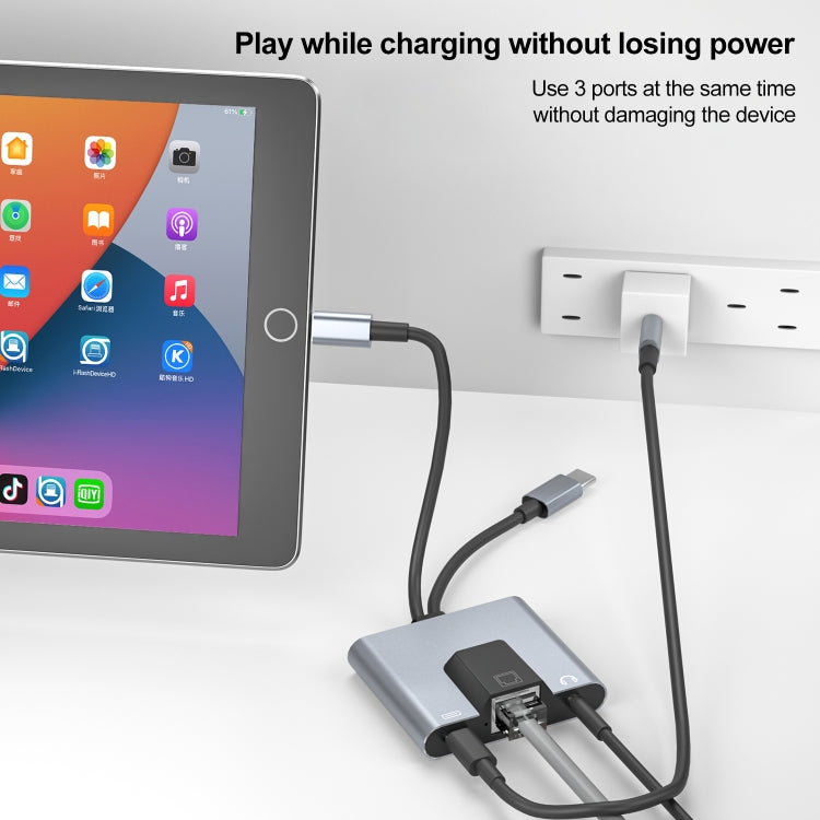 NK-1056Pro 3 合 1 8 Pin + USB-C / Type-C 公頭轉 8 Pin 充電 + 乙太網路 + 3.5mm 耳機母頭轉接器，NK-1056Pro